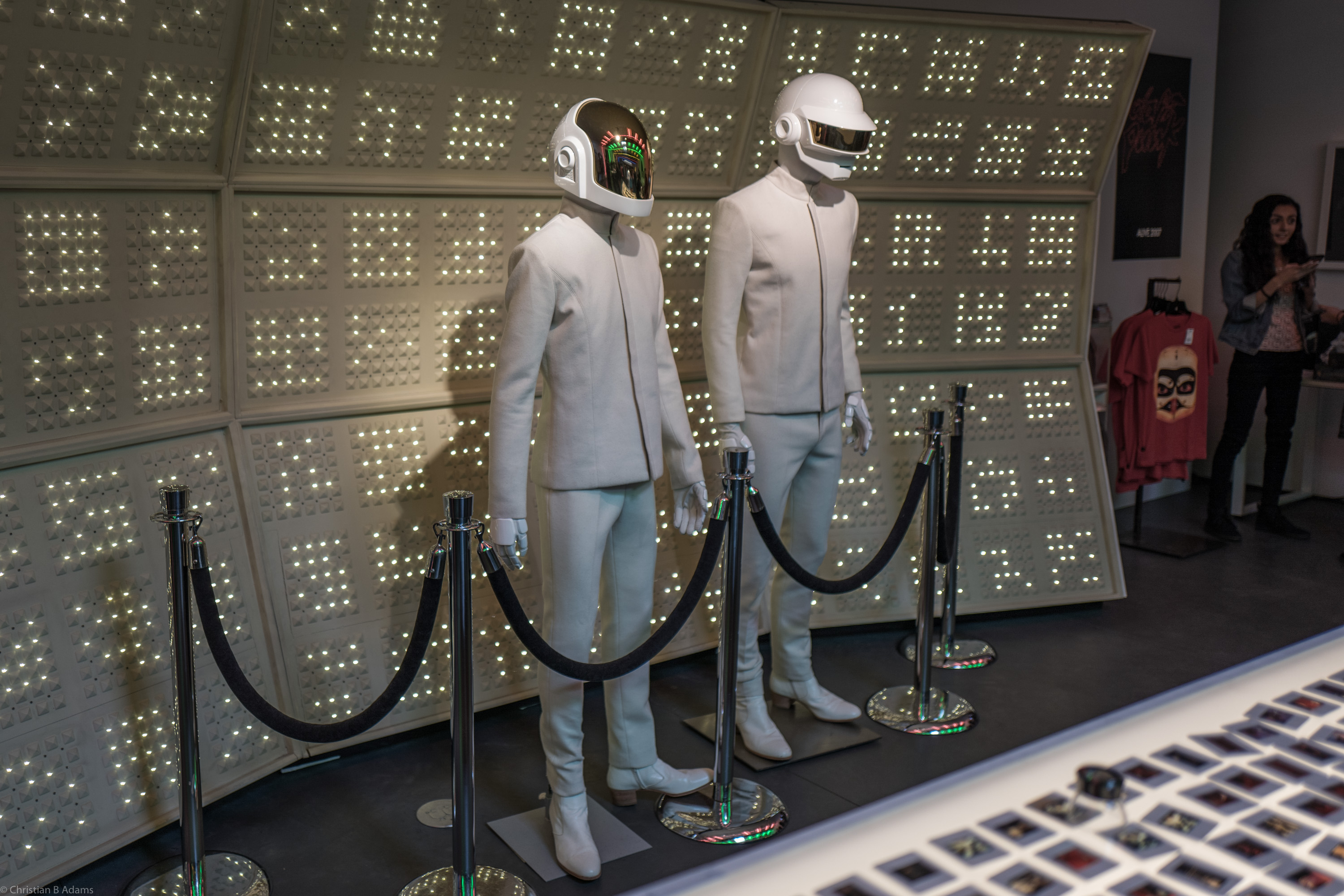 The robots (aka Thomas Bangalter and Guy-Manuel de Homem-Christo) who accepted the Grammy win for Random Access Memories in 2014, on display at the Daft Punk Pop Up at Maxfield Gallery Los Angeles in February of 2017.