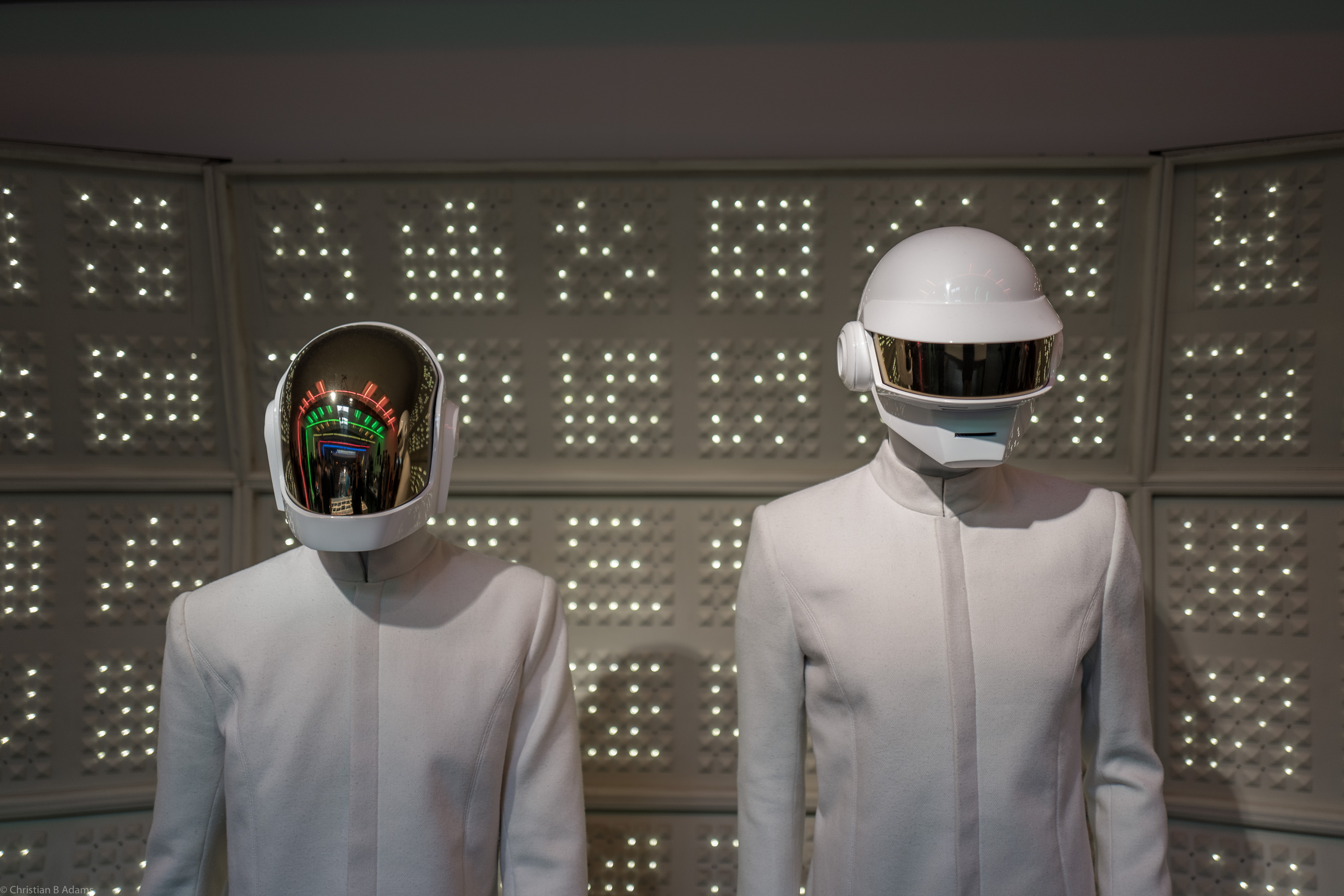 The robots (aka Thomas Bangalter and Guy-Manuel de Homem-Christo) who accepted the Grammy win for Random Access Memories in 2014, on display at the Daft Punk Pop Up at Maxfield Gallery Los Angeles in February of 2017.